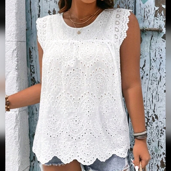 Boho Plus Size Sheer Eyelet Embroidery Lace Top Blouse Shirt White - Picture 4 of 12